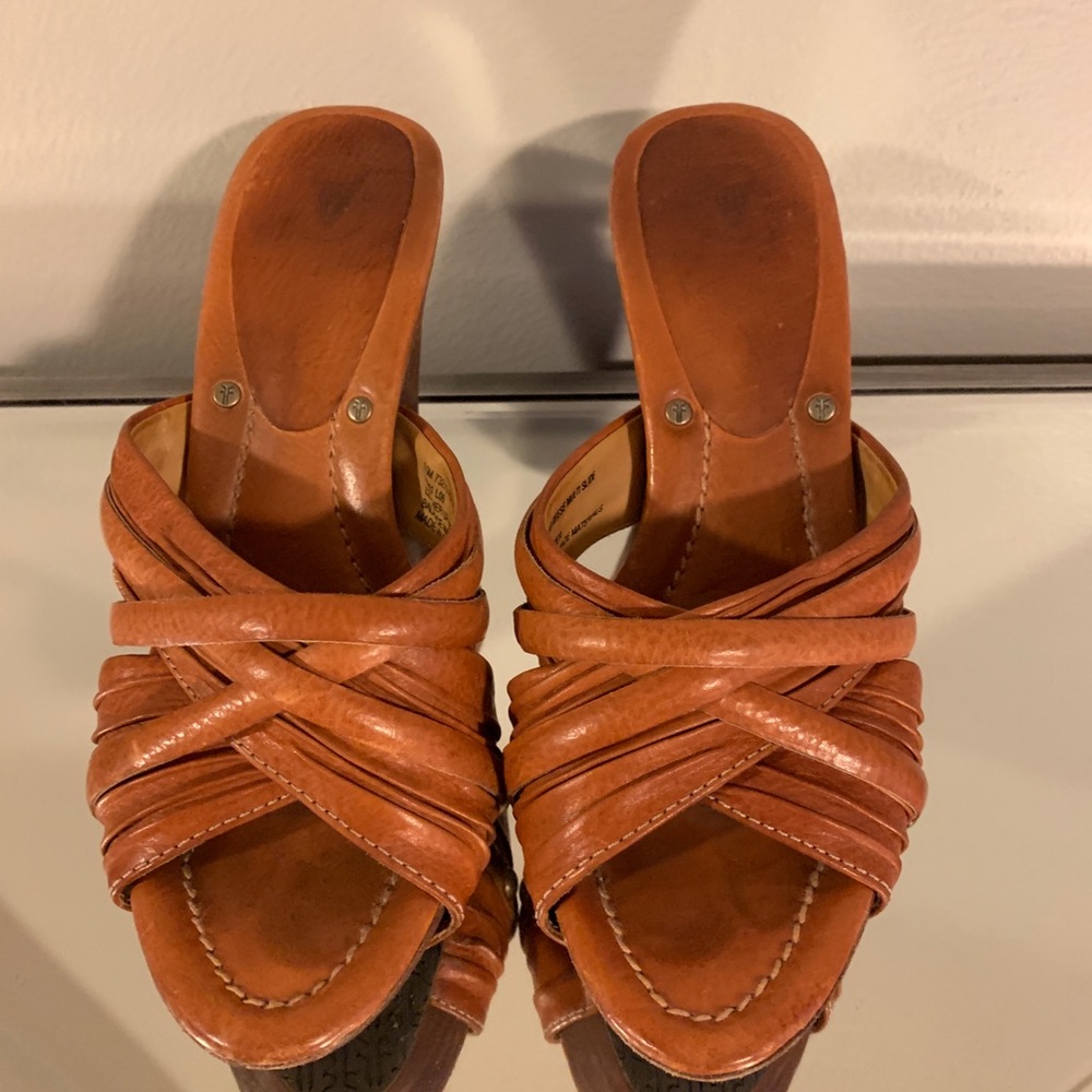 Frye Mule Heels, Tan Leather, Vintage, Sz 9.5